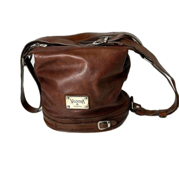 Valentina Italia Brown Leather Croco Embossed Bucket Sling Crossbd Shoulder Bag - Picture 1 of 14